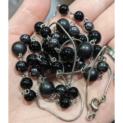 Elegant Opera Station Necklace Black Beads On Silver Tone Snake Chain