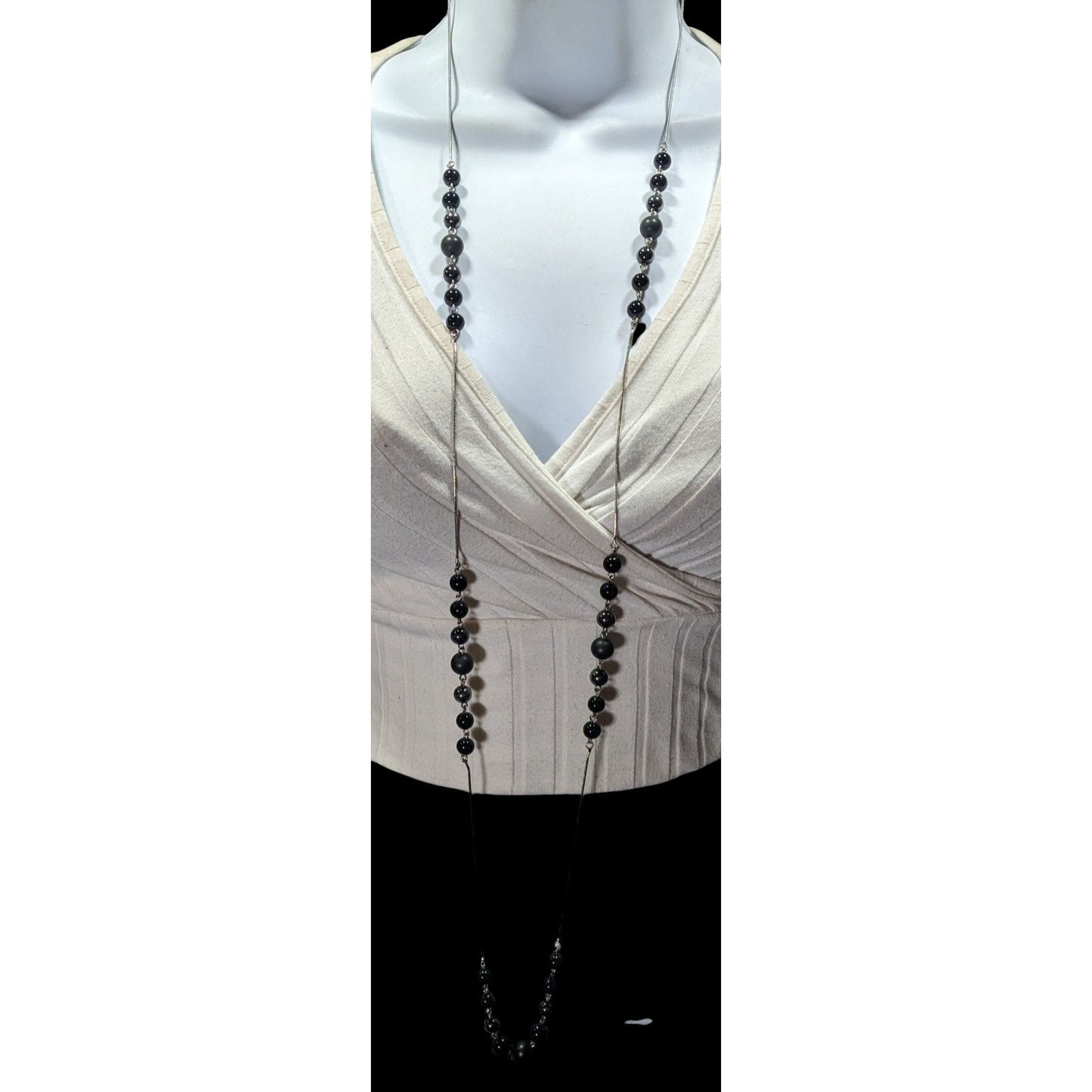 Elegant Opera Station Necklace Black Beads On Silver Tone Snake Chain