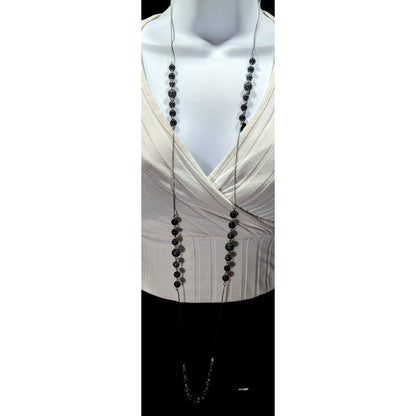 Elegant Opera Station Necklace Black Beads On Silver Tone Snake Chain