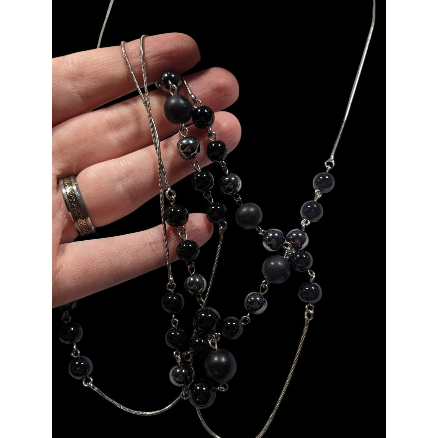 Elegant Opera Station Necklace Black Beads On Silver Tone Snake Chain