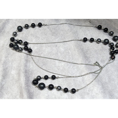 Elegant Opera Station Necklace Black Beads On Silver Tone Snake Chain