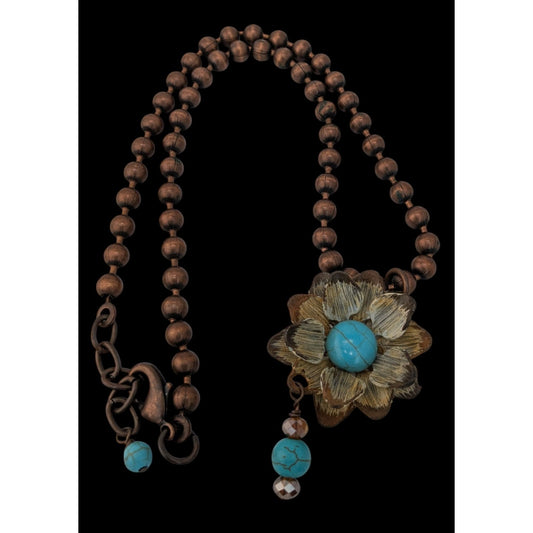 Vintage Bohemian Necklace With Turquoise Floral Pendant Copper Tone Metal