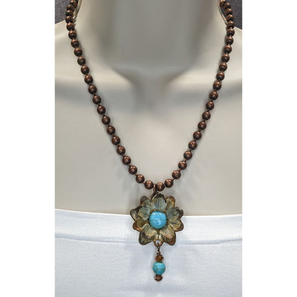 Vintage Bohemian Necklace With Turquoise Floral Pendant Copper Tone Metal