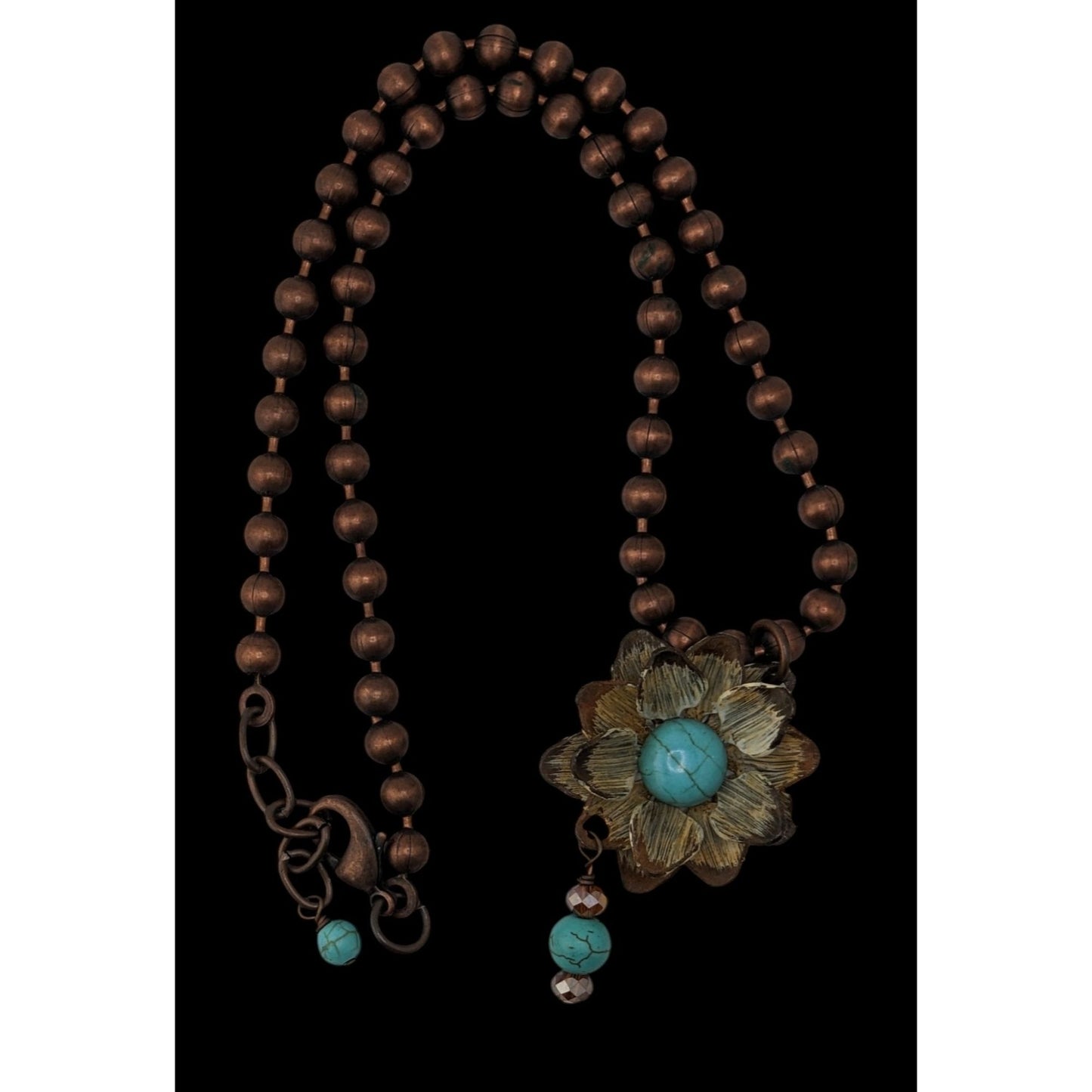 Vintage Bohemian Necklace With Turquoise Floral Pendant Copper Tone Metal