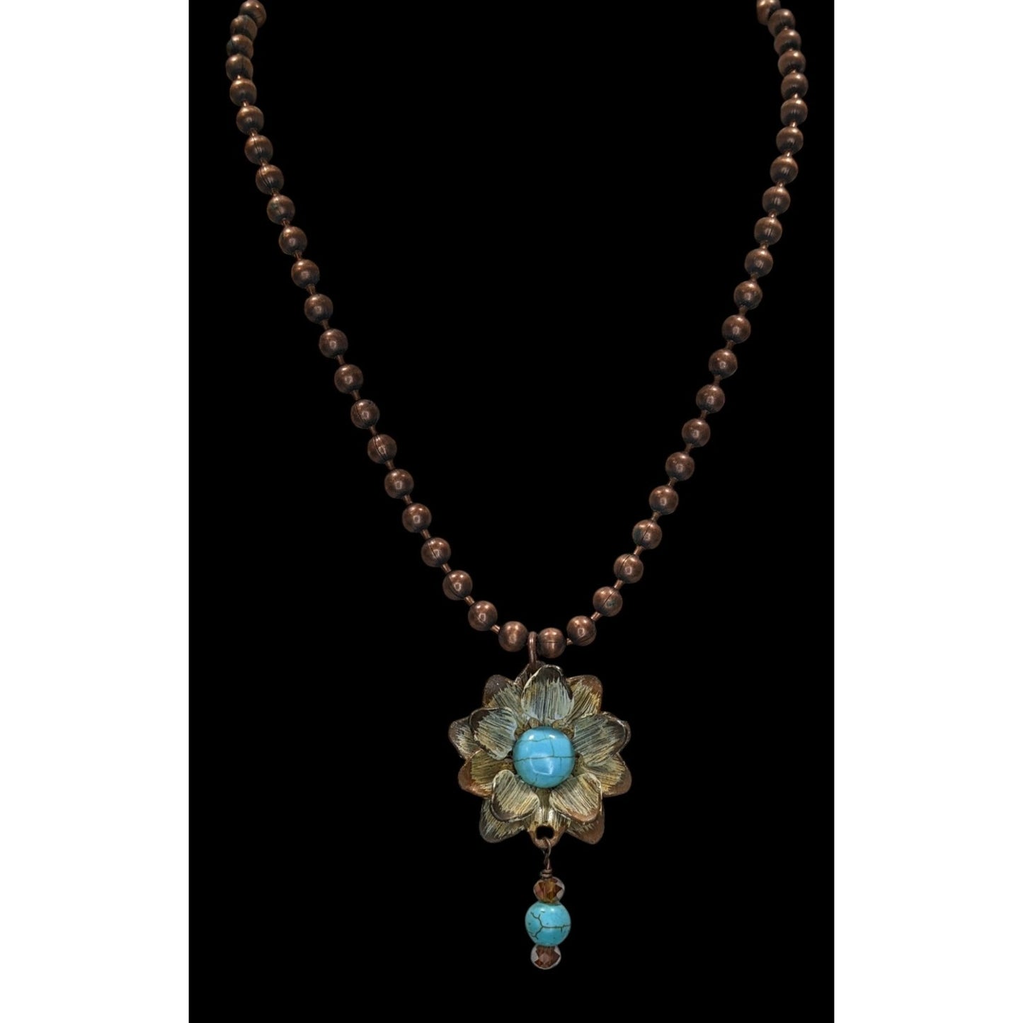 Vintage Bohemian Necklace With Turquoise Floral Pendant Copper Tone Metal