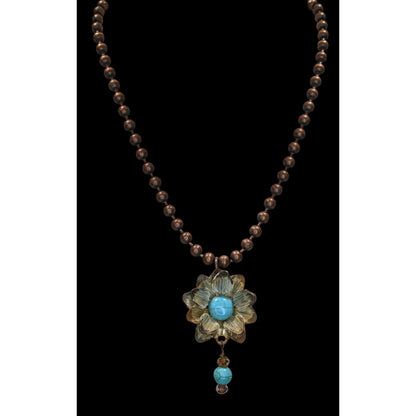Vintage Bohemian Necklace With Turquoise Floral Pendant Copper Tone Metal
