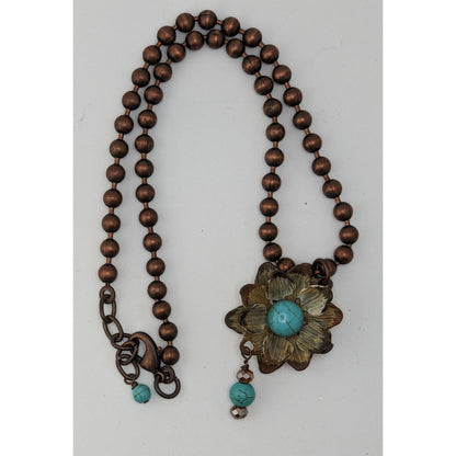 Vintage Bohemian Necklace With Turquoise Floral Pendant Copper Tone Metal