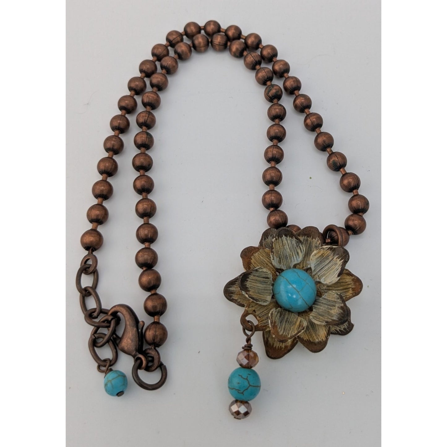 Vintage Bohemian Necklace With Turquoise Floral Pendant Copper Tone Metal