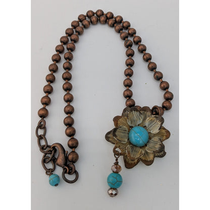 Vintage Bohemian Necklace With Turquoise Floral Pendant Copper Tone Metal