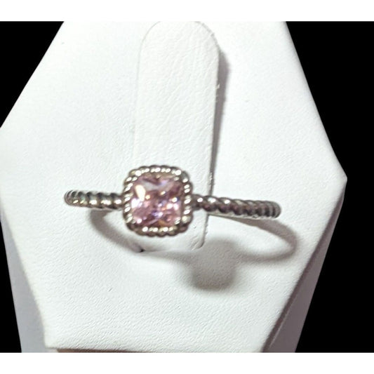 Dainty Coquette Silver Tone Ring With Pastel Pink Gem Signed R8C Size 8 3/4