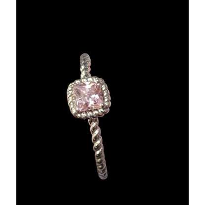 Dainty Coquette Silver Tone Ring With Pastel Pink Gem Signed R8C Size 8 3/4