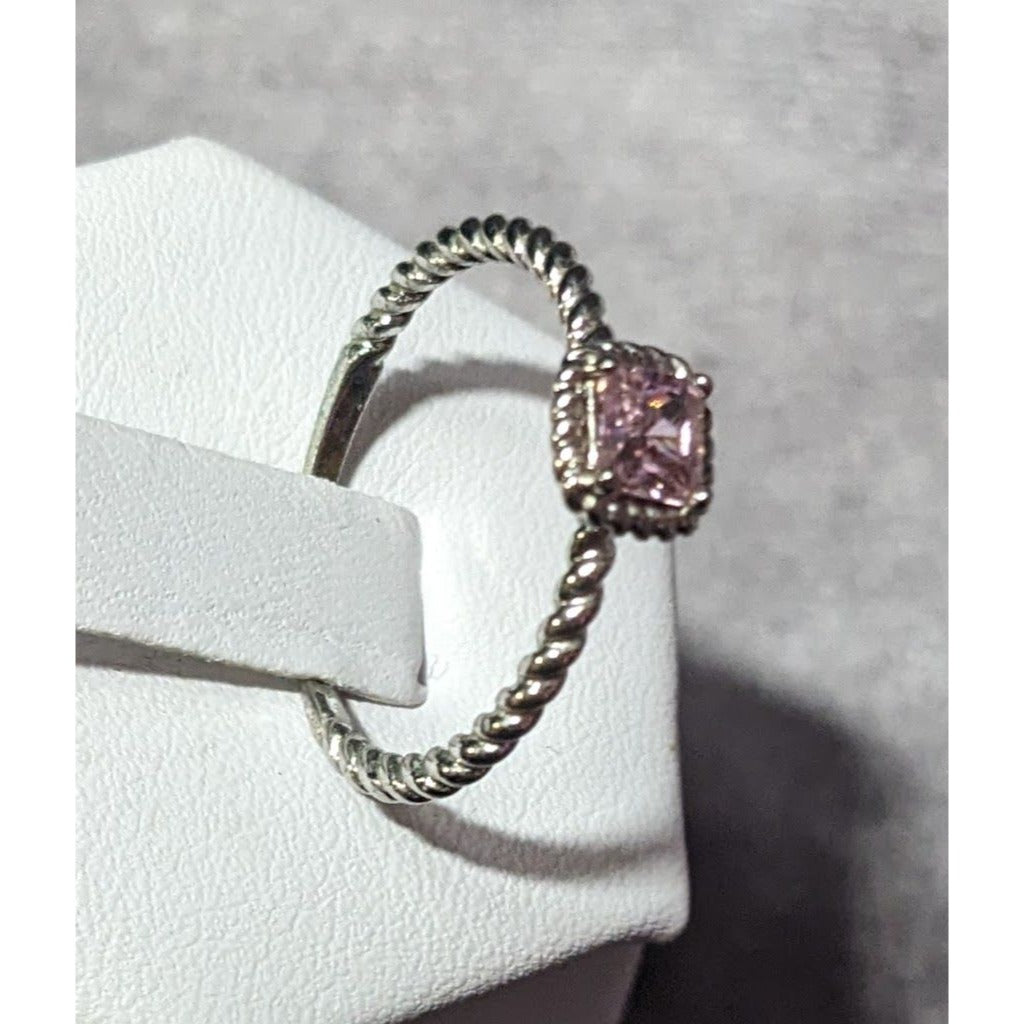 Dainty Coquette Silver Tone Ring With Pastel Pink Gem Signed R8C Size 8 3/4