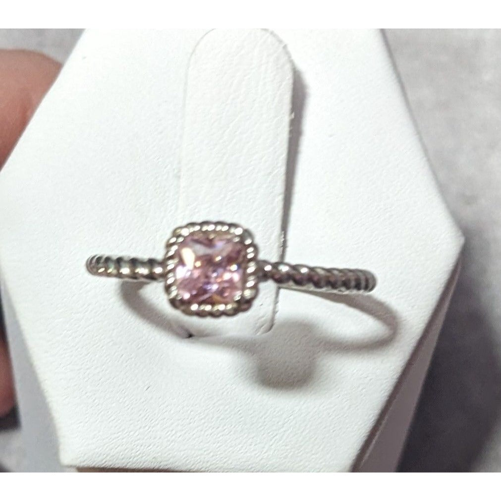 Dainty Coquette Silver Tone Ring With Pastel Pink Gem Signed R8C Size 8 3/4