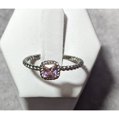 Dainty Coquette Silver Tone Ring With Pastel Pink Gem Signed R8C Size 8 3/4