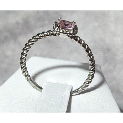 Dainty Coquette Silver Tone Ring With Pastel Pink Gem Signed R8C Size 8 3/4