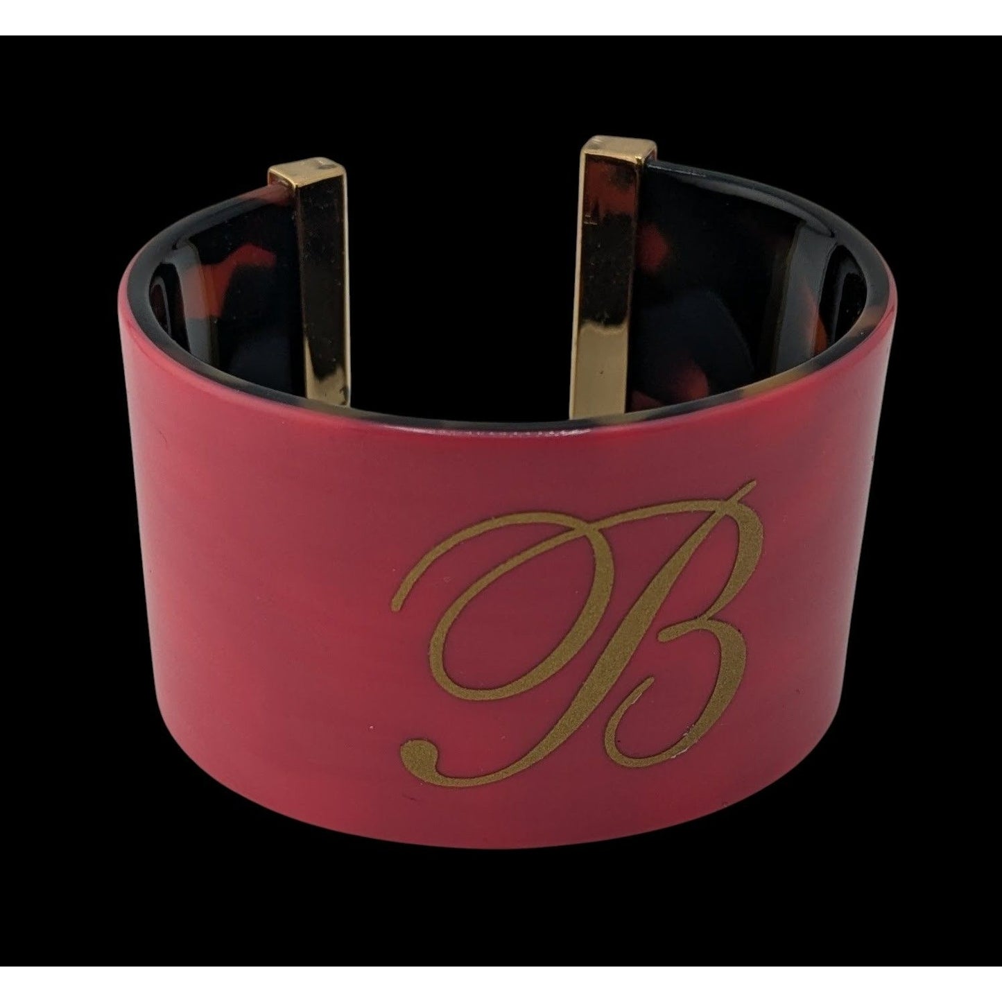 Preppy Monogram B Cuff Bracelet Pink Tortoiseshell Gold Tone Wide Statement