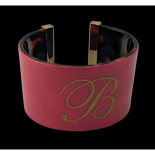 Preppy Monogram B Cuff Bracelet Pink Tortoiseshell Gold Tone Wide Statement
