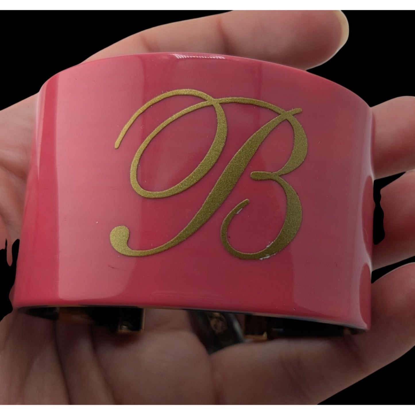 Preppy Monogram B Cuff Bracelet Pink Tortoiseshell Gold Tone Wide Statement