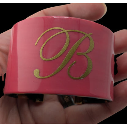 Preppy Monogram B Cuff Bracelet Pink Tortoiseshell Gold Tone Wide Statement