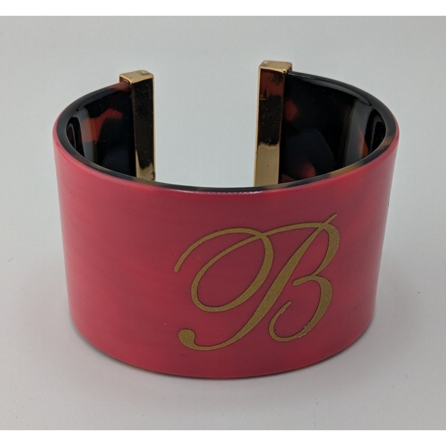 Preppy Monogram B Cuff Bracelet Pink Tortoiseshell Gold Tone Wide Statement
