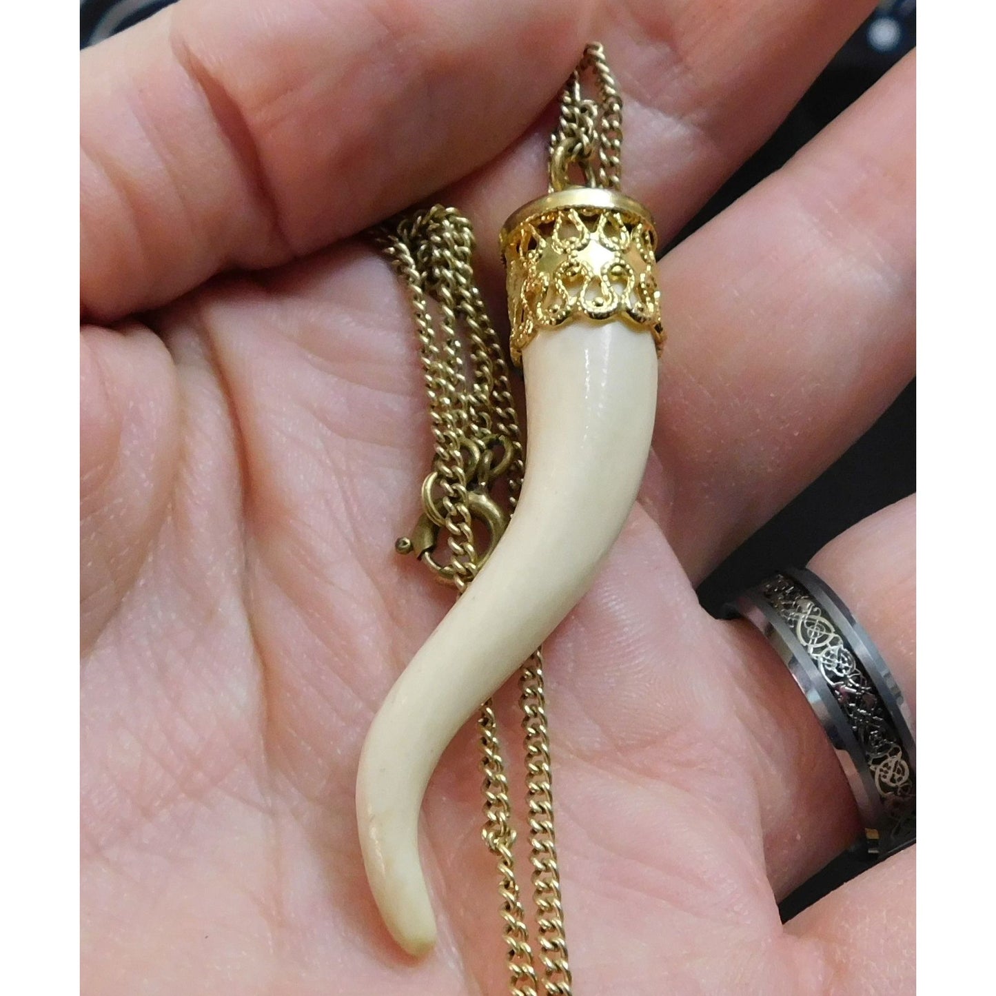 Vintage Carved Faux Tusk Pendant Necklace