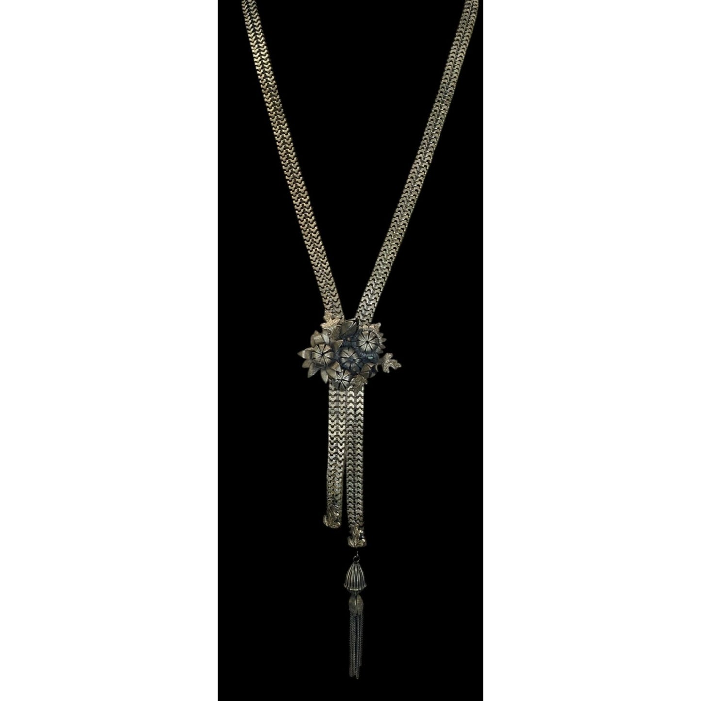 Vintage Dimensional Floral & Oak Leaf Bolo Necklace With Tassel