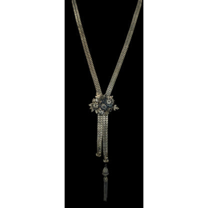 Vintage Dimensional Floral & Oak Leaf Bolo Necklace With Tassel