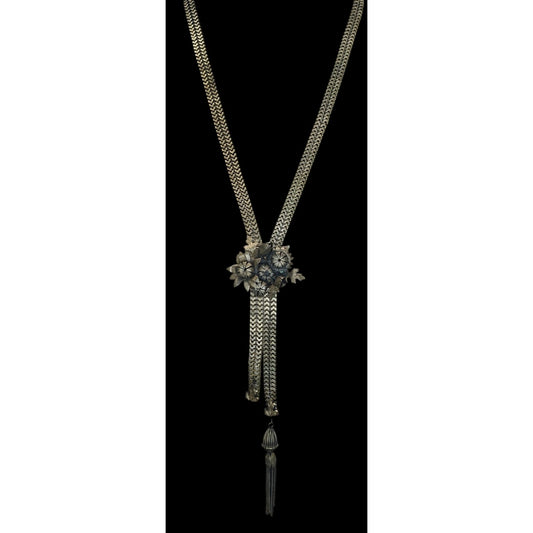 Vintage Dimensional Floral & Oak Leaf Bolo Necklace With Tassel