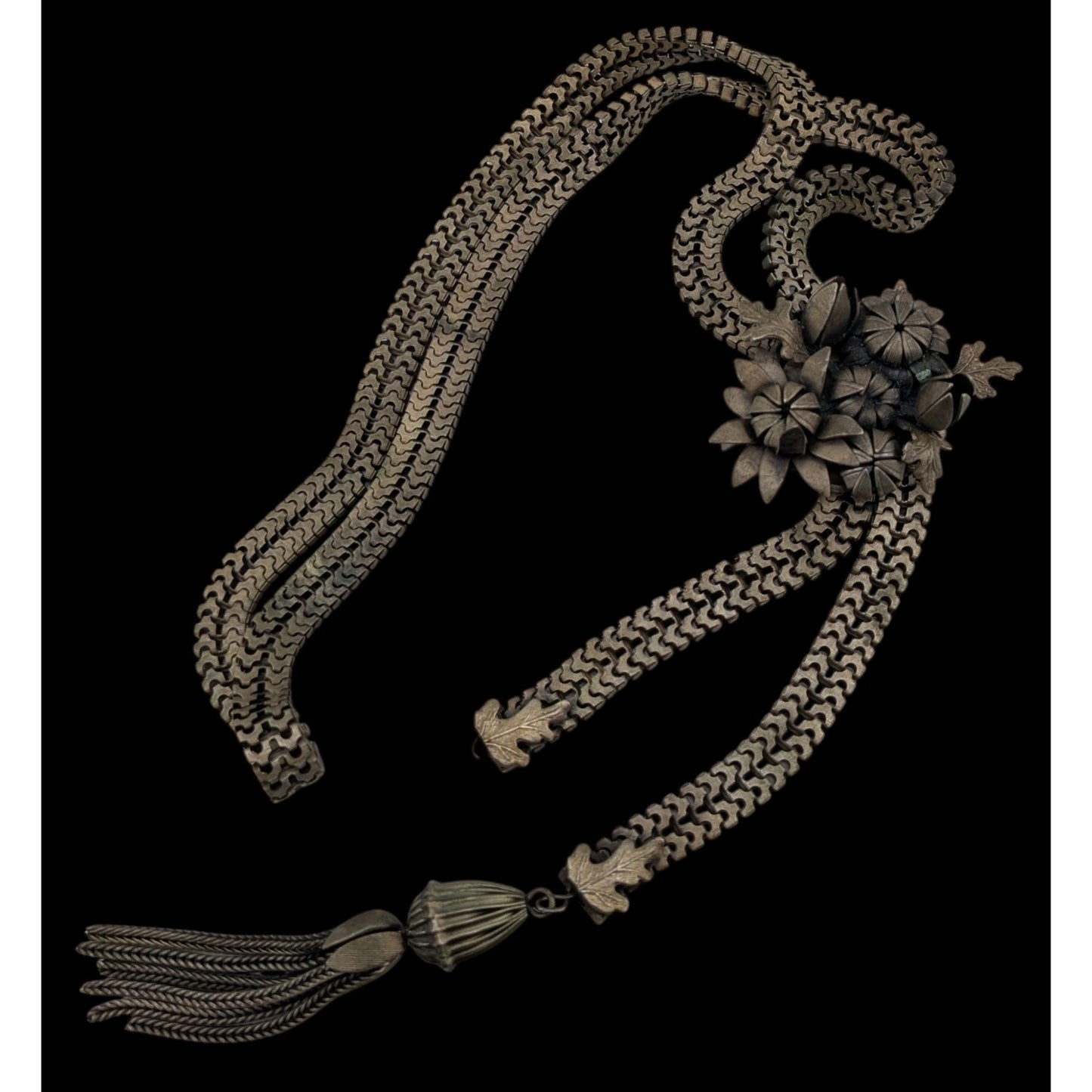 Vintage Dimensional Floral & Oak Leaf Bolo Necklace With Tassel