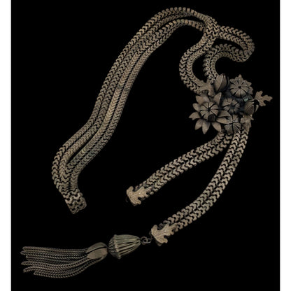 Vintage Dimensional Floral & Oak Leaf Bolo Necklace With Tassel