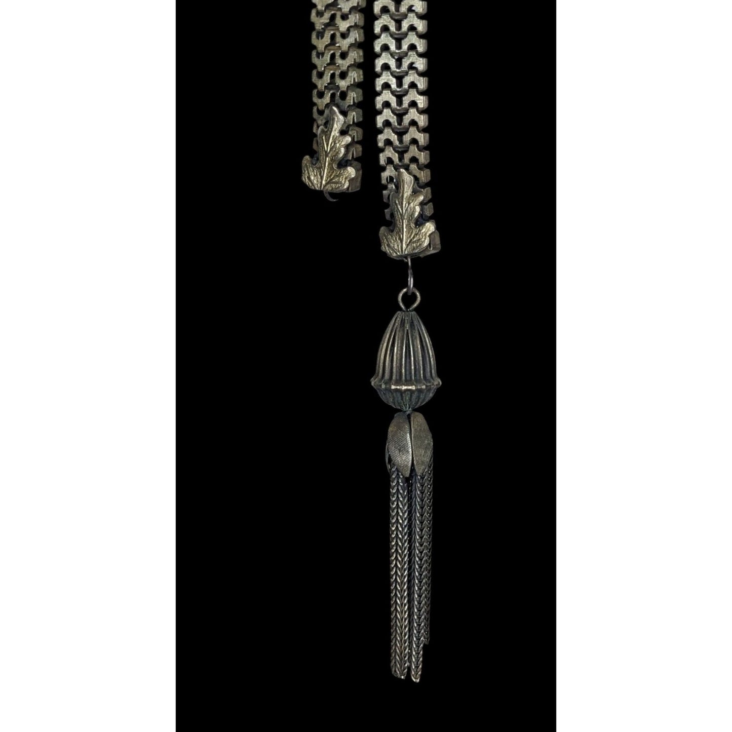 Vintage Dimensional Floral & Oak Leaf Bolo Necklace With Tassel