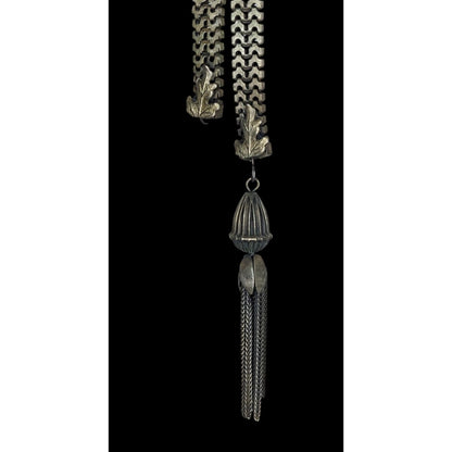 Vintage Dimensional Floral & Oak Leaf Bolo Necklace With Tassel