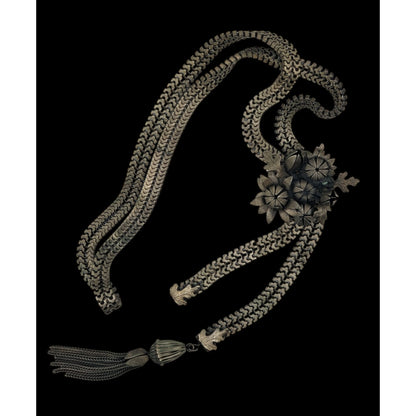 Vintage Dimensional Floral & Oak Leaf Bolo Necklace With Tassel