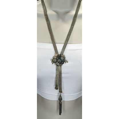 Vintage Dimensional Floral & Oak Leaf Bolo Necklace With Tassel
