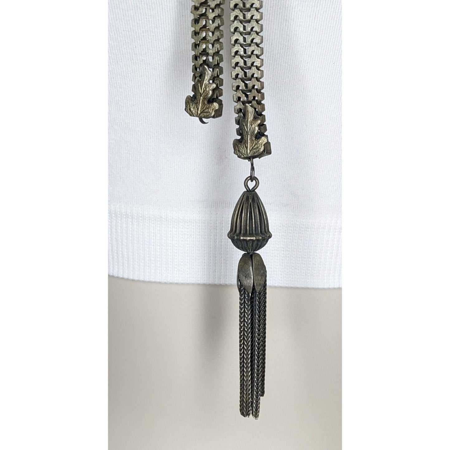 Vintage Dimensional Floral & Oak Leaf Bolo Necklace With Tassel