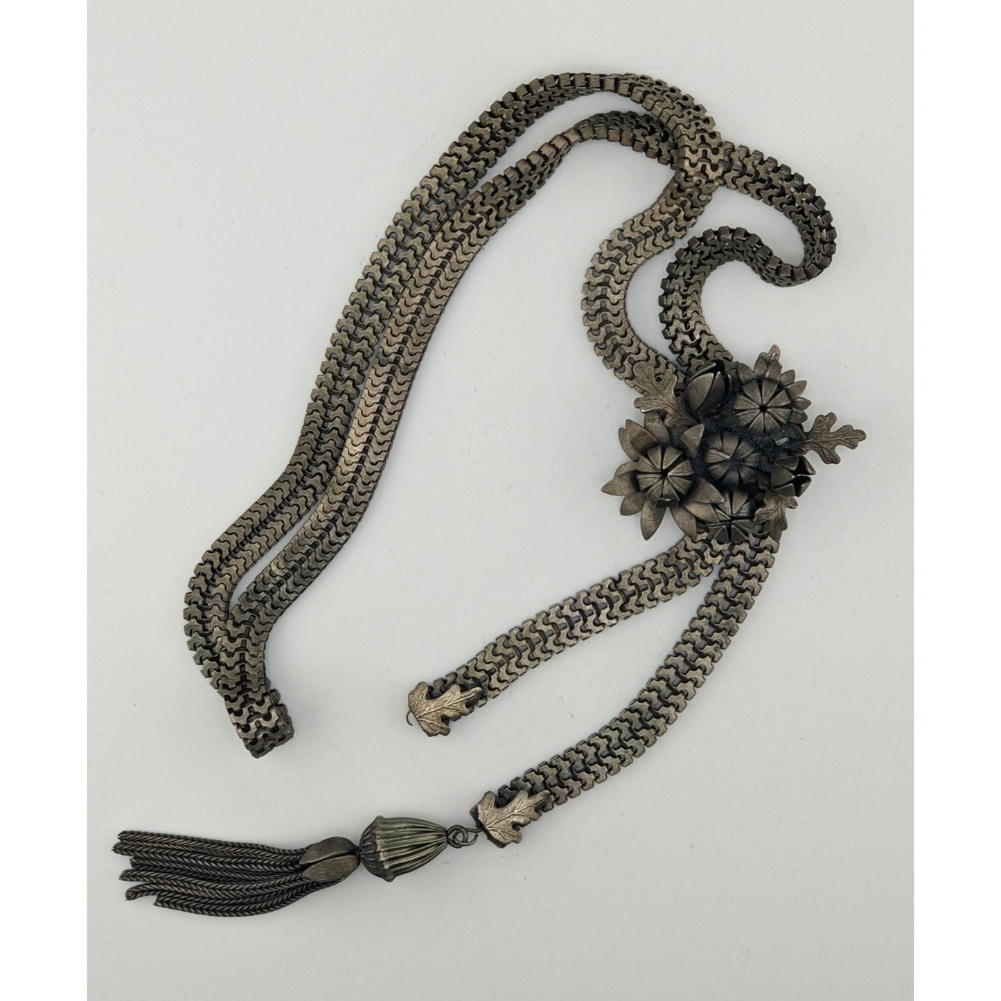 Vintage Dimensional Floral & Oak Leaf Bolo Necklace With Tassel