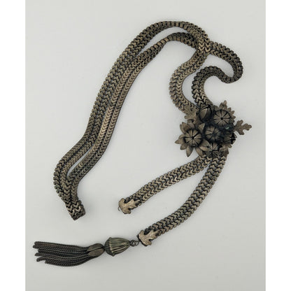 Vintage Dimensional Floral & Oak Leaf Bolo Necklace With Tassel