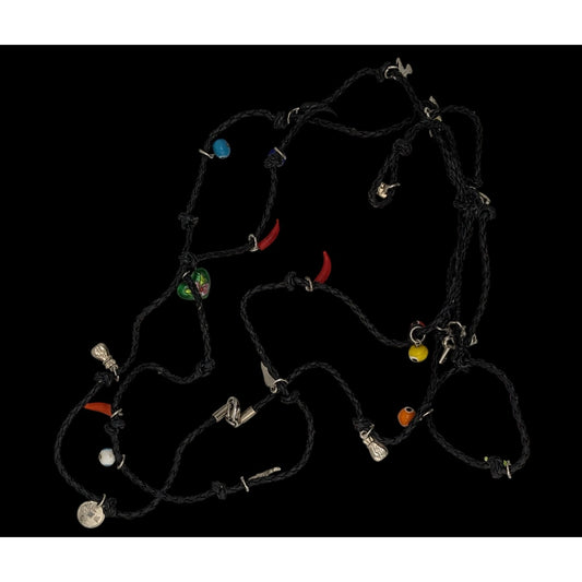 Vintage Glass And Metal Charm Necklace On Black Braided Cord