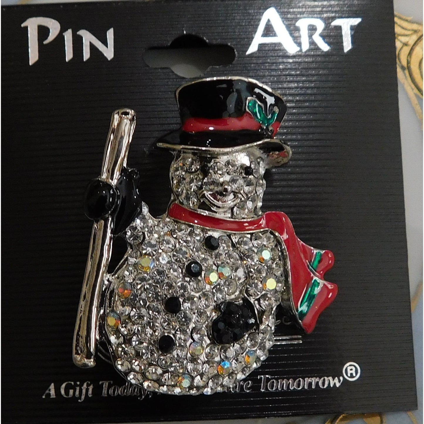 Vintage Pin Art Spoontiques Rhinestone Snowman Brooch