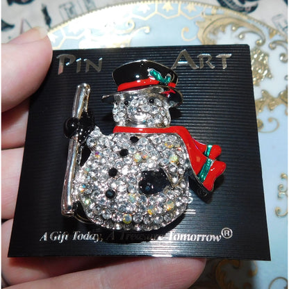 Vintage Pin Art Spoontiques Rhinestone Snowman Brooch