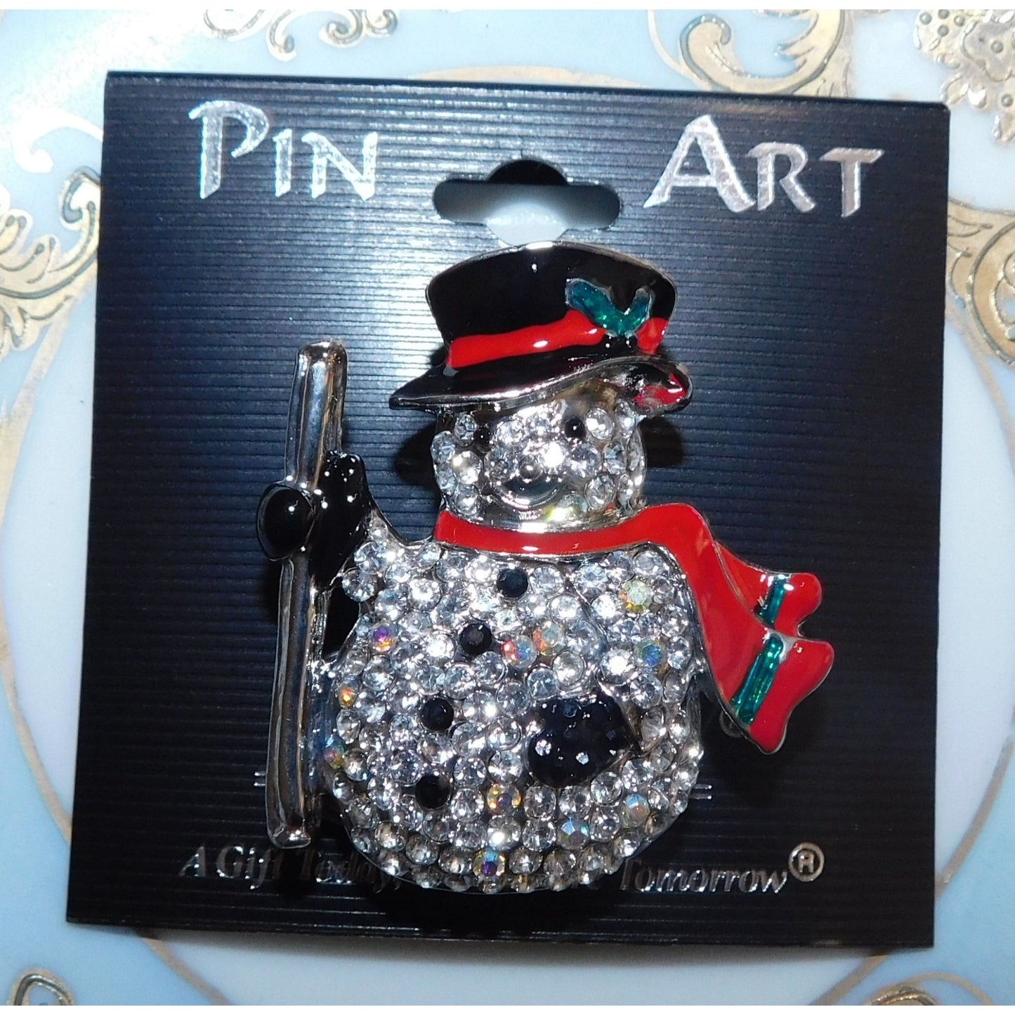 Vintage Pin Art Spoontiques Rhinestone Snowman Brooch