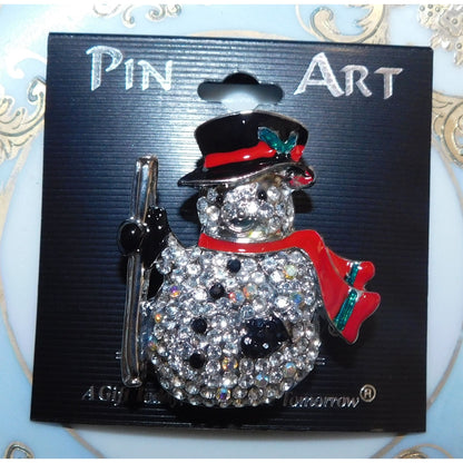 Vintage Pin Art Spoontiques Rhinestone Snowman Brooch