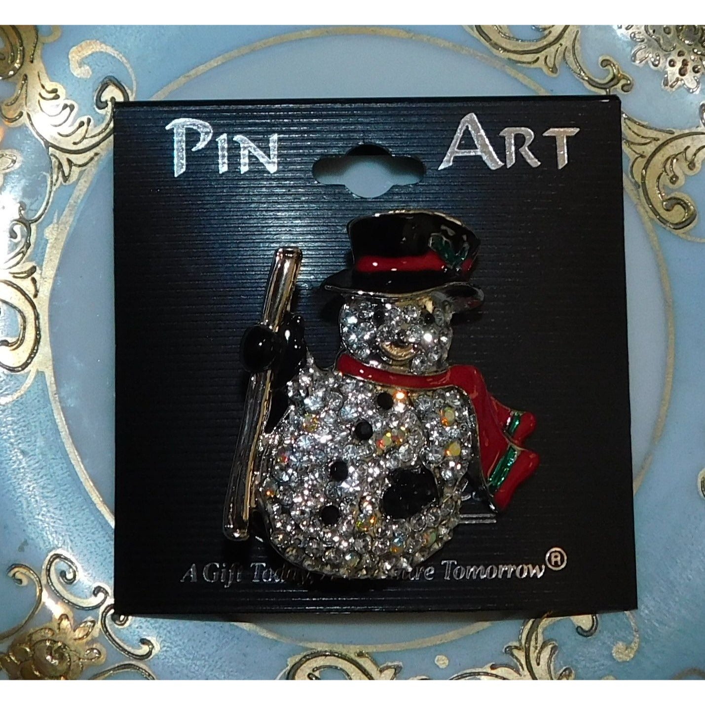 Vintage Pin Art Spoontiques Rhinestone Snowman Brooch