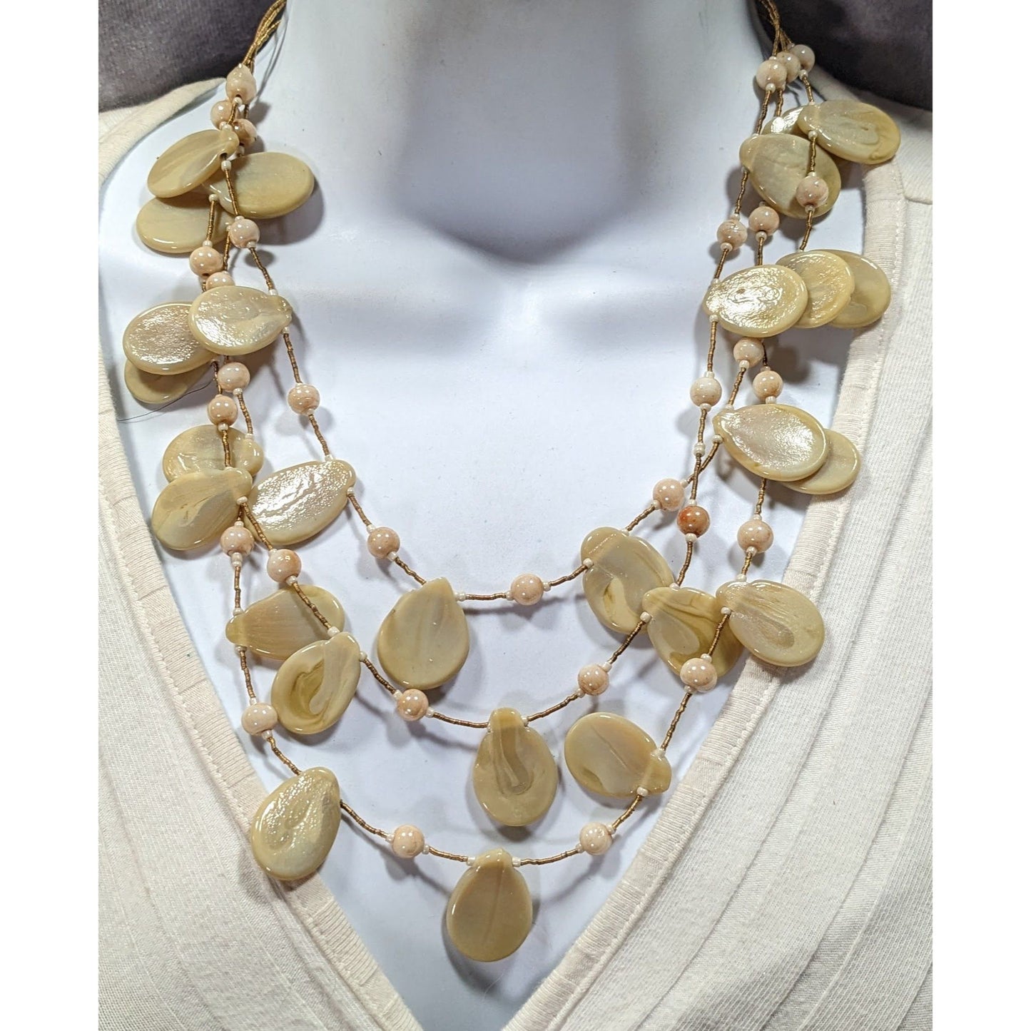Vintage Beige Glass Flat Teardrop Layered Necklace