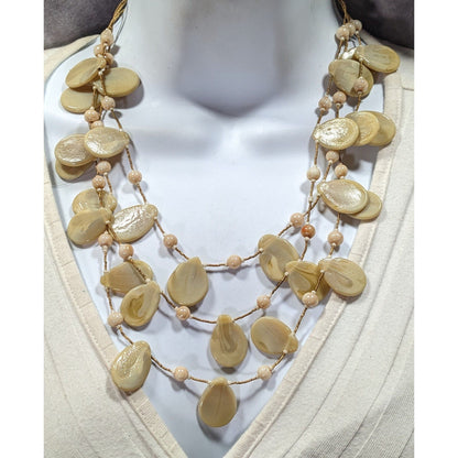 Vintage Beige Glass Flat Teardrop Layered Necklace
