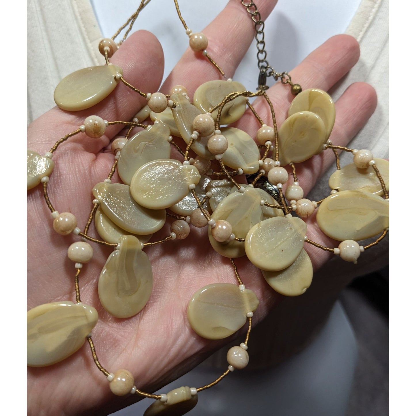 Vintage Beige Glass Flat Teardrop Layered Necklace