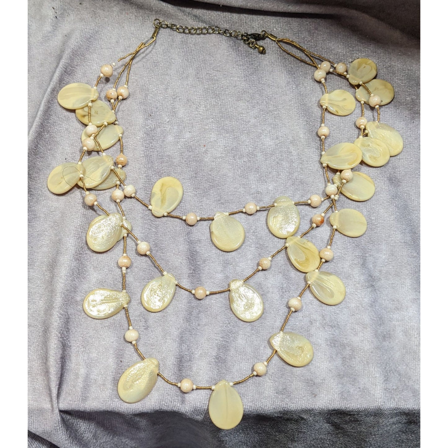 Vintage Beige Glass Flat Teardrop Layered Necklace