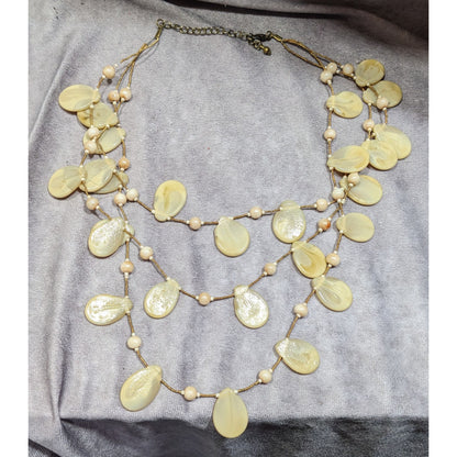 Vintage Beige Glass Flat Teardrop Layered Necklace