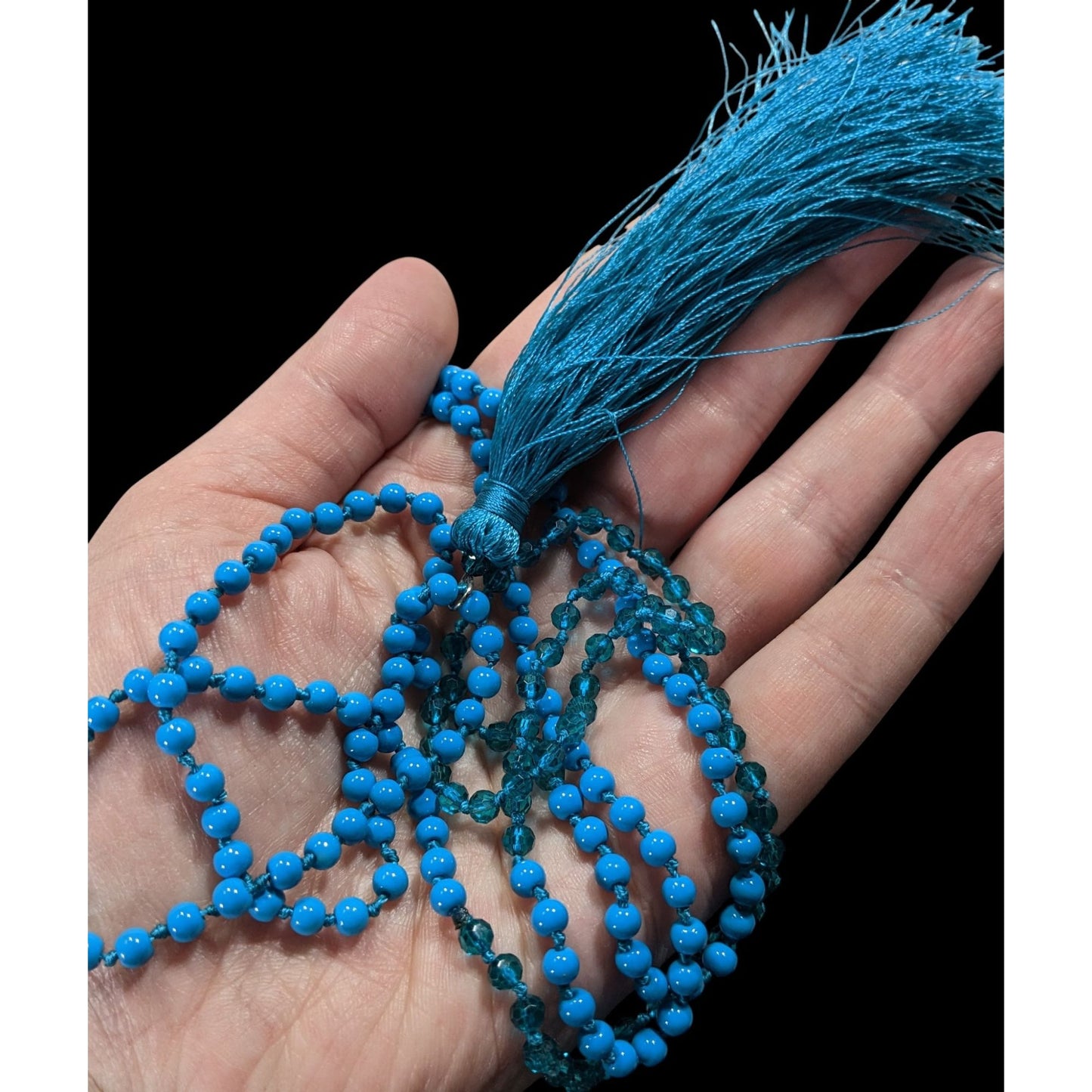 Blue Beaded Necklace With Tassel  Pendant