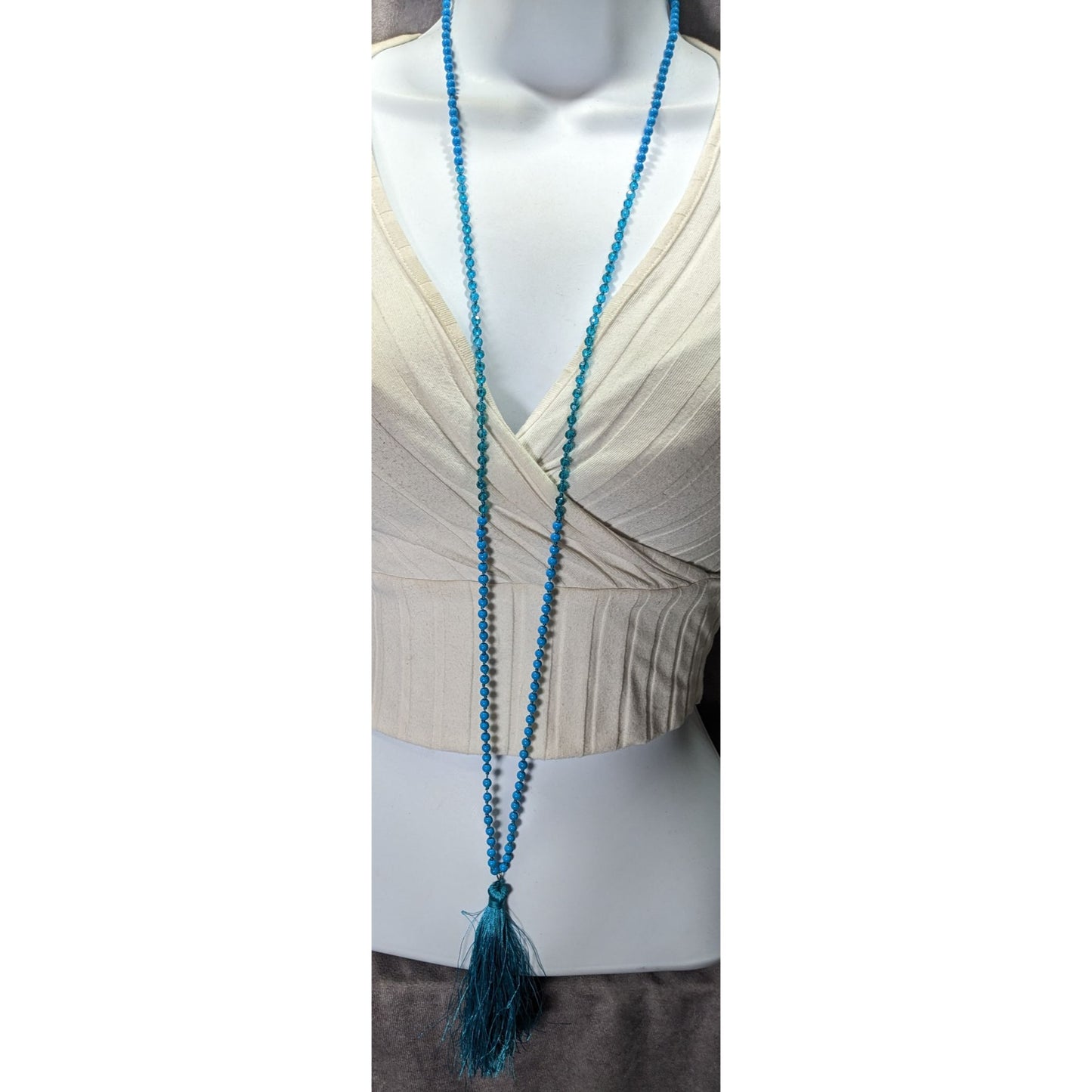 Blue Beaded Necklace With Tassel  Pendant